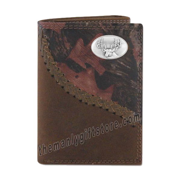 Buck Deer Fence Row Camo Genuine Leather Trifold Wallet
