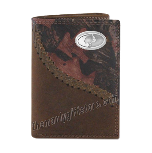 Mossy Oak Logo Fence Row Camo Genuine Leather Trifold Wallet
