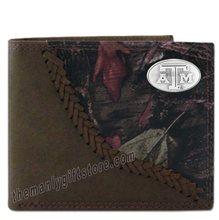 Load image into Gallery viewer, Texas A&amp;M Aggies Fence Row Camo Genuine Leather Bifold Wallet