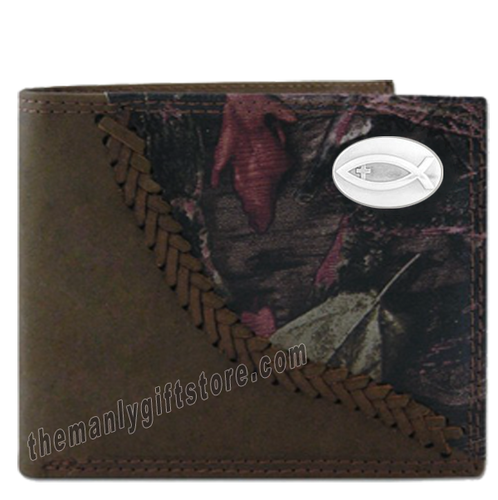 Ichthys Christian Fish Fence Row Camo Genuine Leather Bifold Wallet