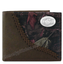 Load image into Gallery viewer, OSU Oklahoma State Fence Row Camo Genuine Leather Bifold Wallet