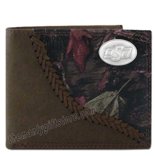 OSU Oklahoma State Fence Row Camo Genuine Leather Bifold Wallet