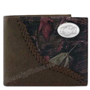 OSU Oklahoma State Fence Row Camo Genuine Leather Bifold Wallet