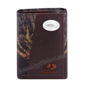Ichthys Christian Fish Mossy Oak Camo Zep Pro Trifold Leather Wallet