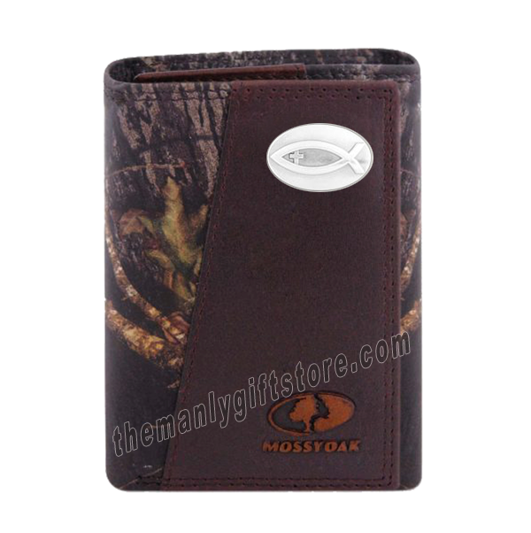Ichthys Christian Fish Mossy Oak Camo Zep Pro Trifold Leather Wallet