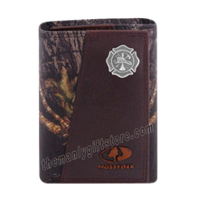 Load image into Gallery viewer, Maltese Cross Fireman Mossy Oak Camo Zep Pro Trifold Leather Wallet