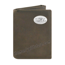 Load image into Gallery viewer, Louisiana State University LSU Crazy Horse Genuine Leather Trifold Wallet