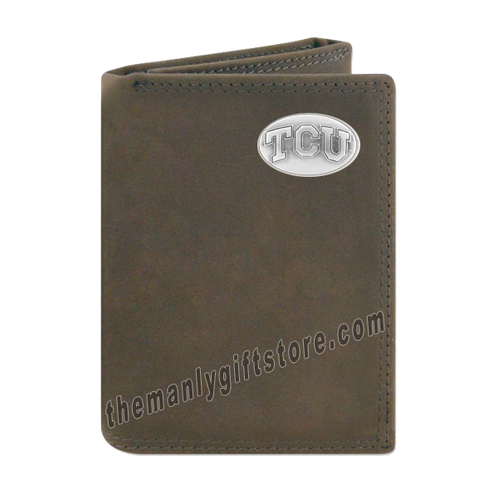Texas Christian University TCU Crazy Horse Genuine Leather Trifold Wallet
