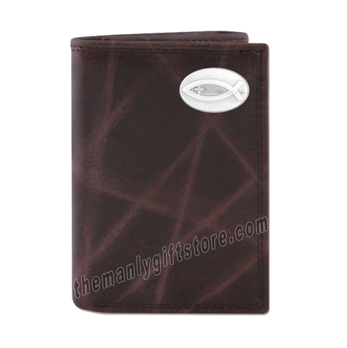 Ichthys Christian Fish Wrinkle Zep Pro Leather Trifold Wallet