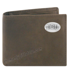 Load image into Gallery viewer, Texas Christian University TCU Genuine Crazy Horse Leather Bifold Wallet