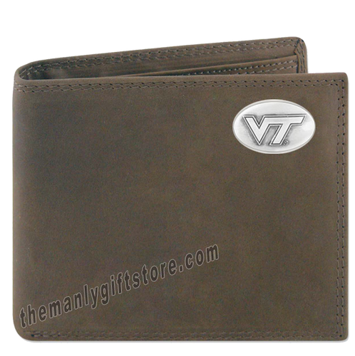 Virginia Tech Hokies  Genuine Crazy Horse Leather Bifold Wallet