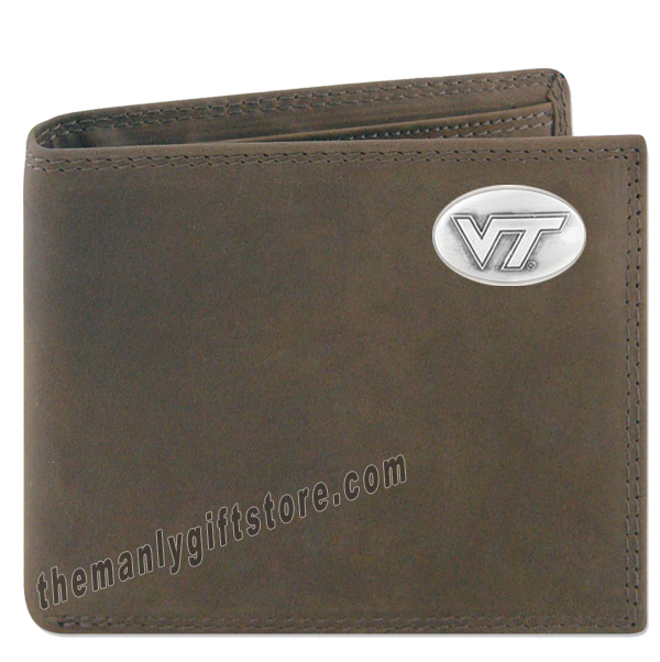 Virginia Tech Hokies  Genuine Crazy Horse Leather Bifold Wallet